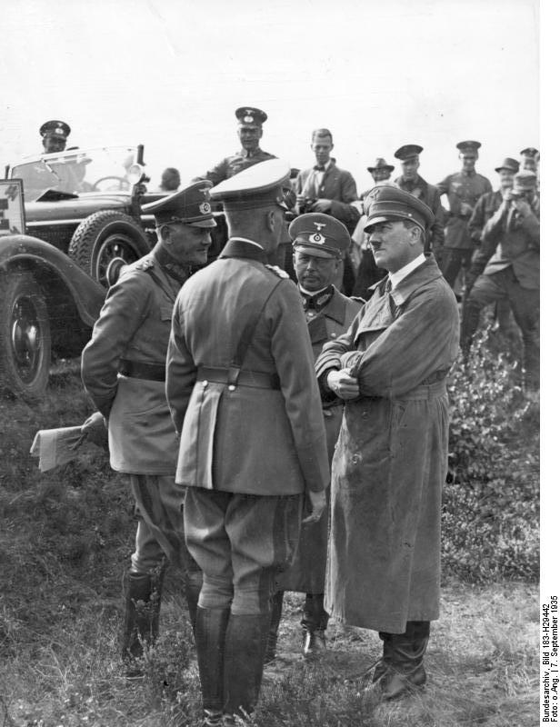 Adolf Hitler and Werner von Blomberg, General Werner Freiherr von Fritsch at army maneuver in Celle